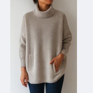 Cozy Oversized Cowl Neck Tunic Sweater Light Tan Heathered Wool Blend Large